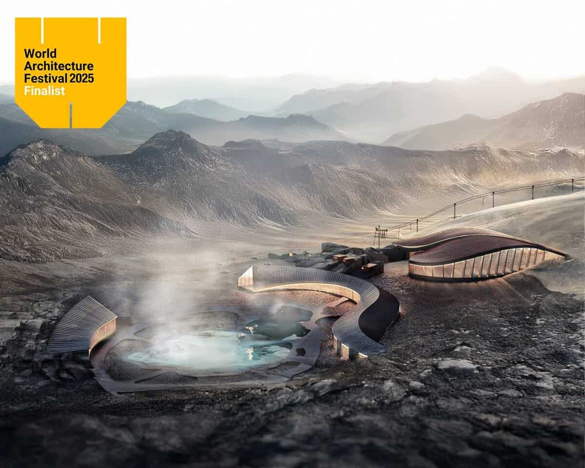 Geothermal spa design in mountains, finalist at World Architecture Festival 2025