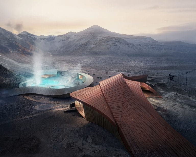 Architectural visualisation of Inner Retreat within the volcanic landscape of Lake Mývatn, Iceland